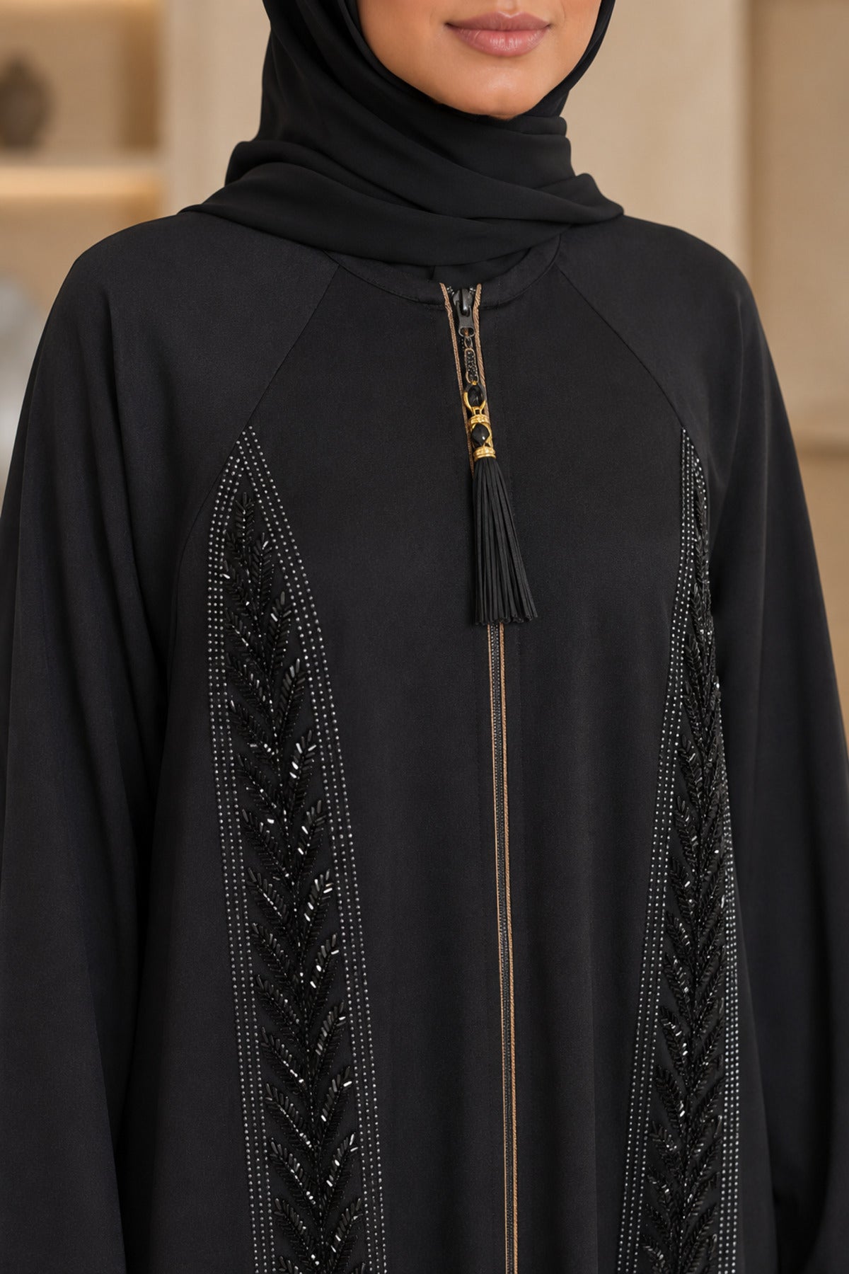 Kavalee Front-Zip Embellished Leaf Abaya | NB-ABAYA-04 Secondary image