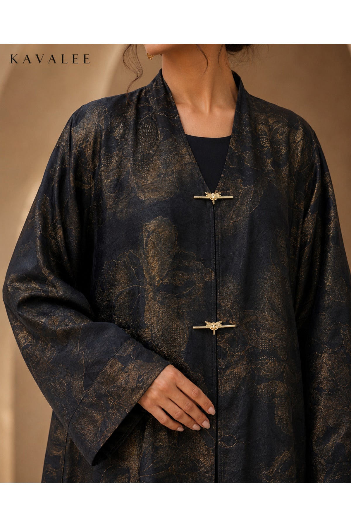 Kavalee Gold Floral Jacquard Abaya | ABAYA-4228 Secondary image