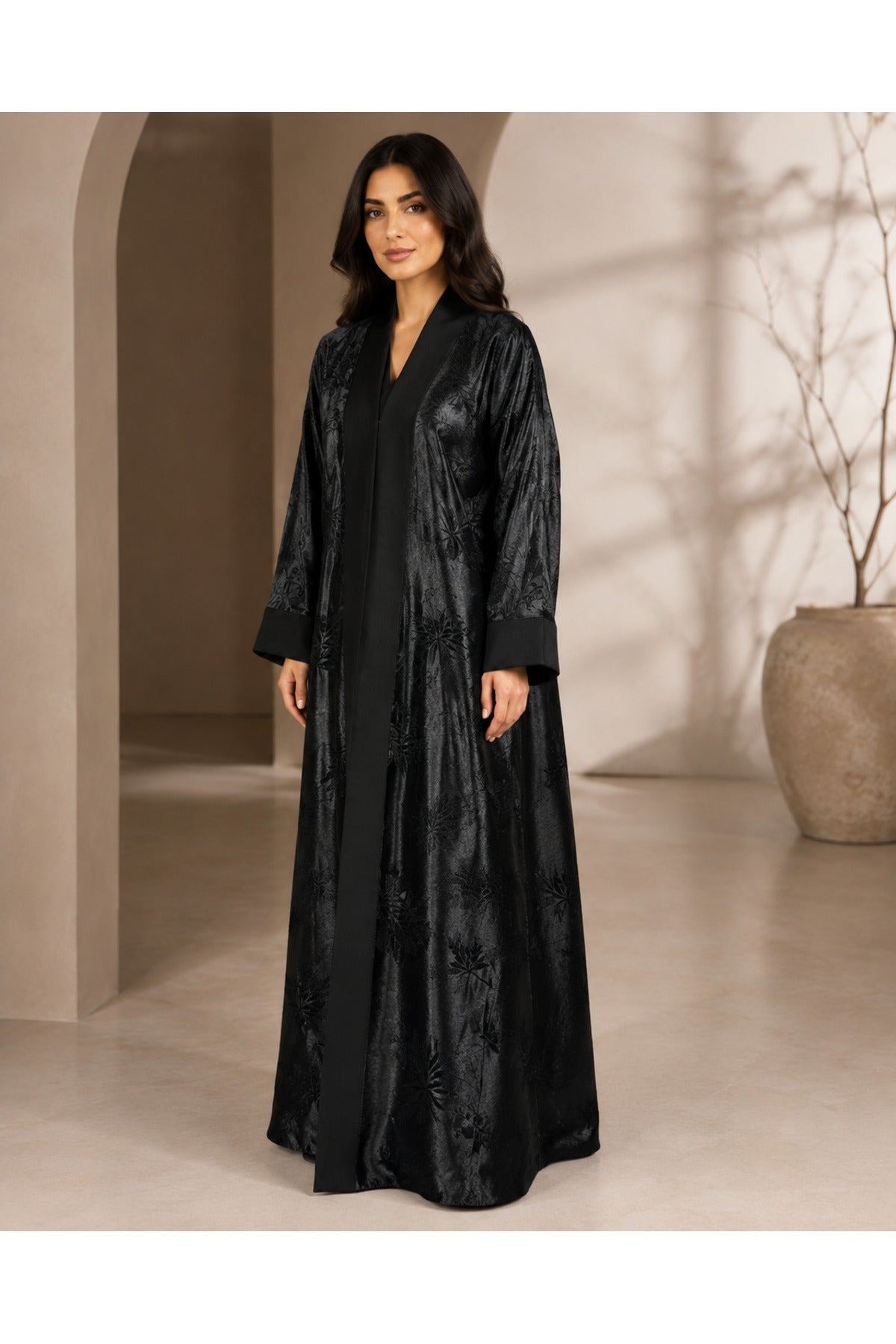 Kavalee Glossy Floral Jacquard Open Abaya | ABAYA-3821 Secondary image
